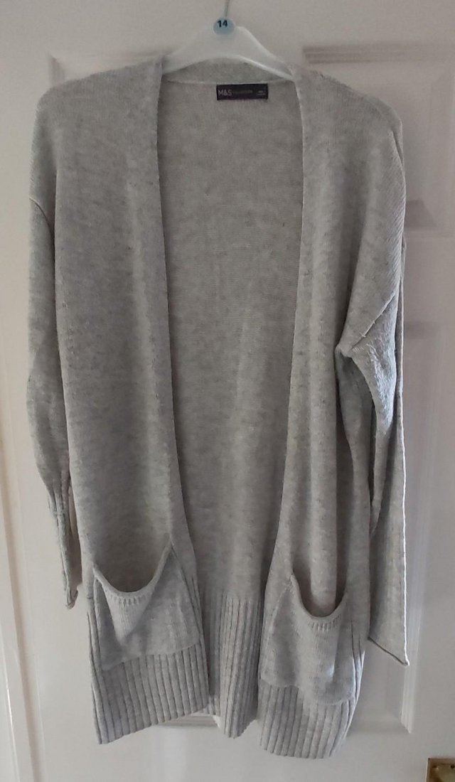 Preview of the first image of Long Length Grey Acrylic Cardigan with Pockets.