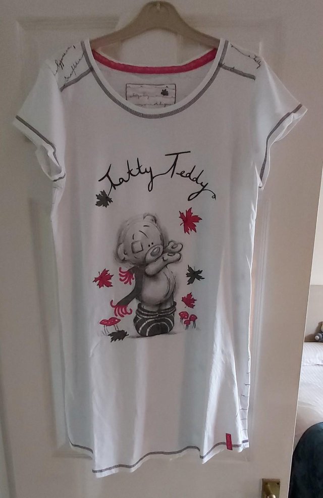 Preview of the first image of White Short-Length Nightdress with Teddy Bear Motif..