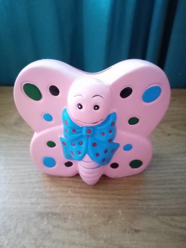 Preview of the first image of Pink Butterfly Hand Painted Piggy Bank Moneybox.