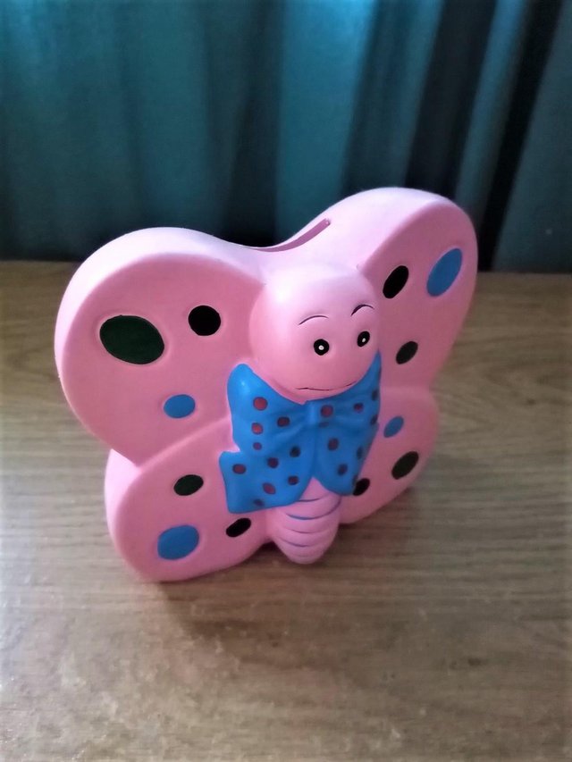 Image 2 of Pink Butterfly Hand Painted Piggy Bank Moneybox