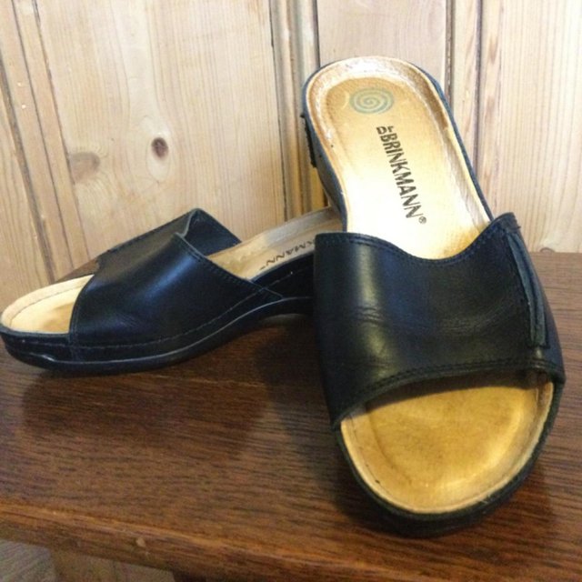 Preview of the first image of DR BRINKMANN Black Leather Wedge Slides, Sz4/ EU37.