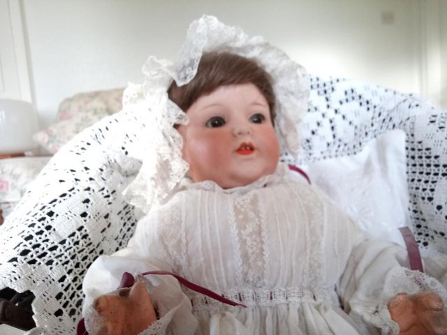 Image 2 of German Antique Doll with Repro Antique Pram