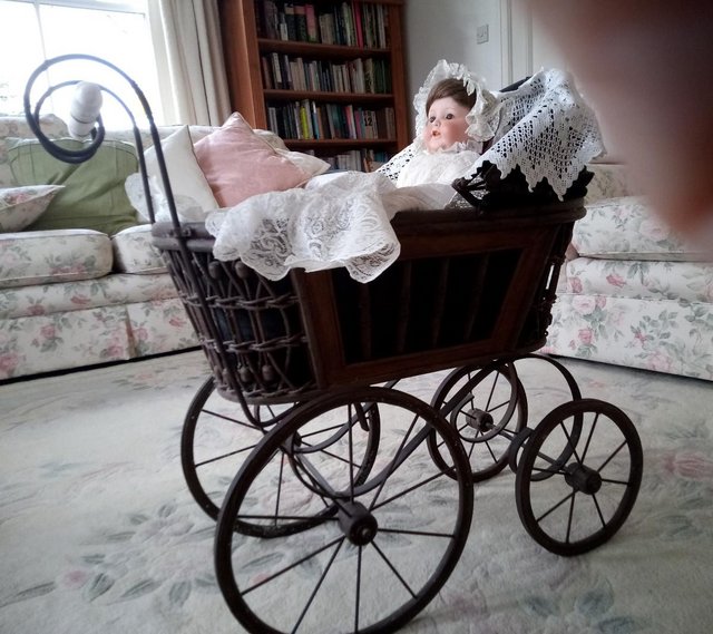 Image 3 of German Antique Doll with Repro Antique Pram
