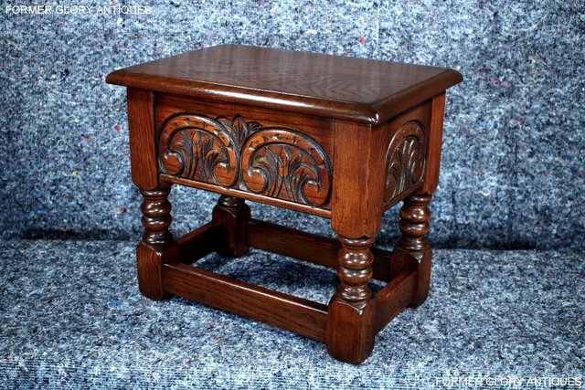 Image 2 of AN OLD CHARM TUDOR BROWN CARVED OAK SLIPPER BOX SEWING CHEST