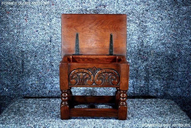 Image 4 of AN OLD CHARM TUDOR BROWN CARVED OAK SLIPPER BOX SEWING CHEST