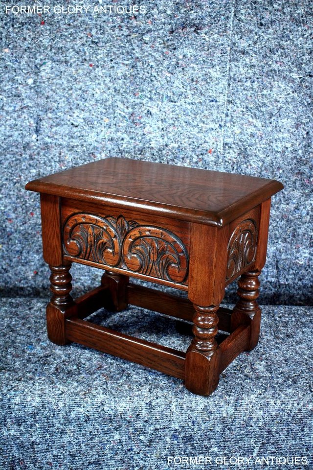 Image 6 of AN OLD CHARM TUDOR BROWN CARVED OAK SLIPPER BOX SEWING CHEST