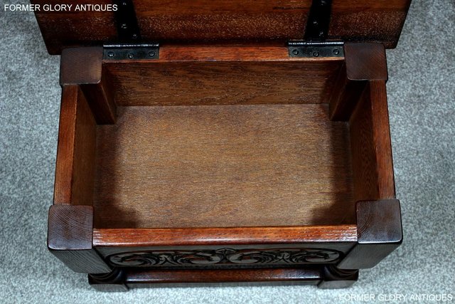 Image 11 of AN OLD CHARM TUDOR BROWN CARVED OAK SLIPPER BOX SEWING CHEST