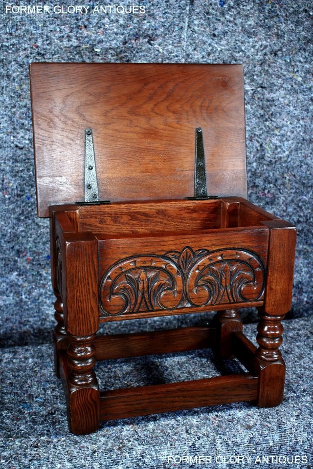 Image 12 of AN OLD CHARM TUDOR BROWN CARVED OAK SLIPPER BOX SEWING CHEST