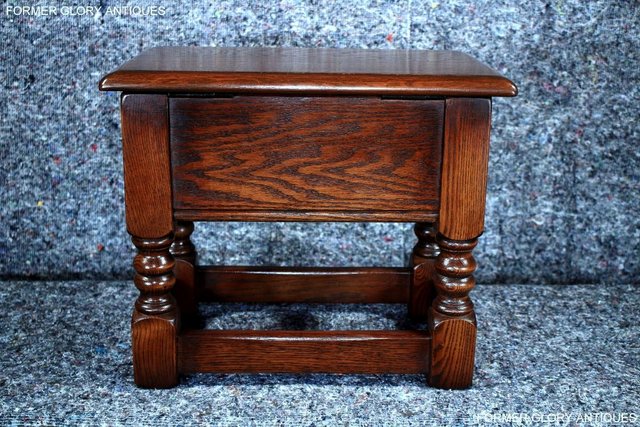 Image 13 of AN OLD CHARM TUDOR BROWN CARVED OAK SLIPPER BOX SEWING CHEST