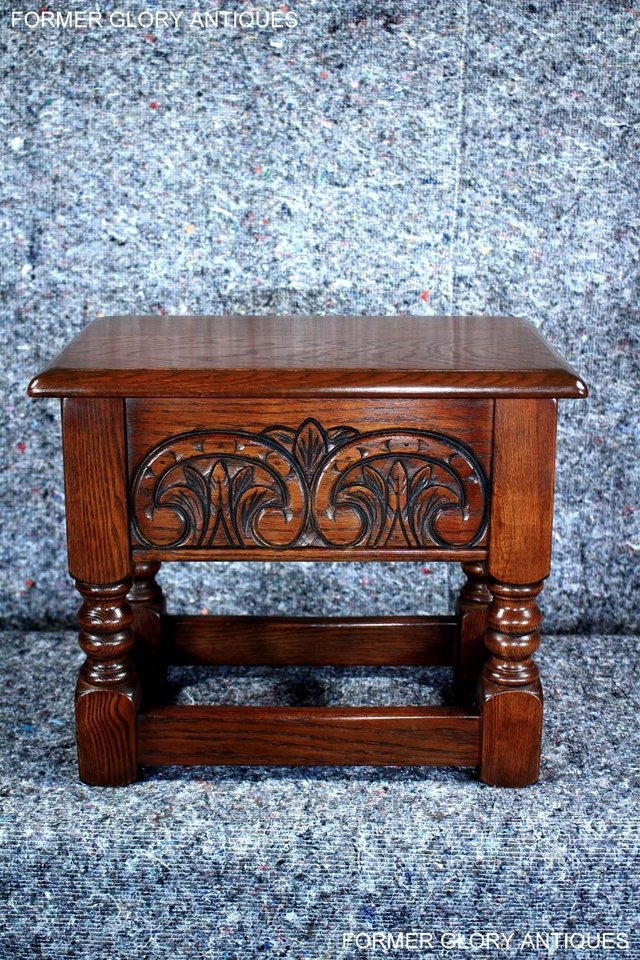 Image 14 of AN OLD CHARM TUDOR BROWN CARVED OAK SLIPPER BOX SEWING CHEST
