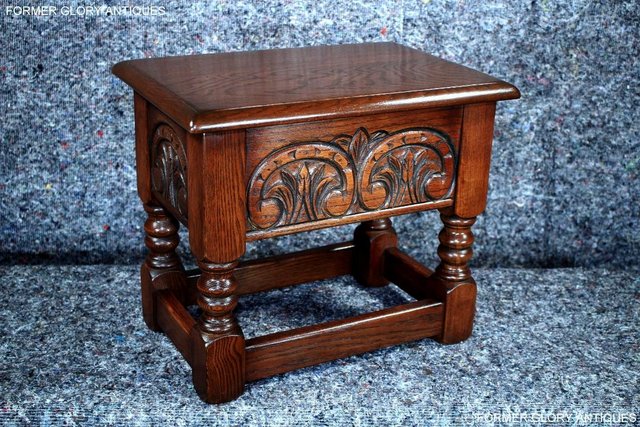 Image 15 of AN OLD CHARM TUDOR BROWN CARVED OAK SLIPPER BOX SEWING CHEST