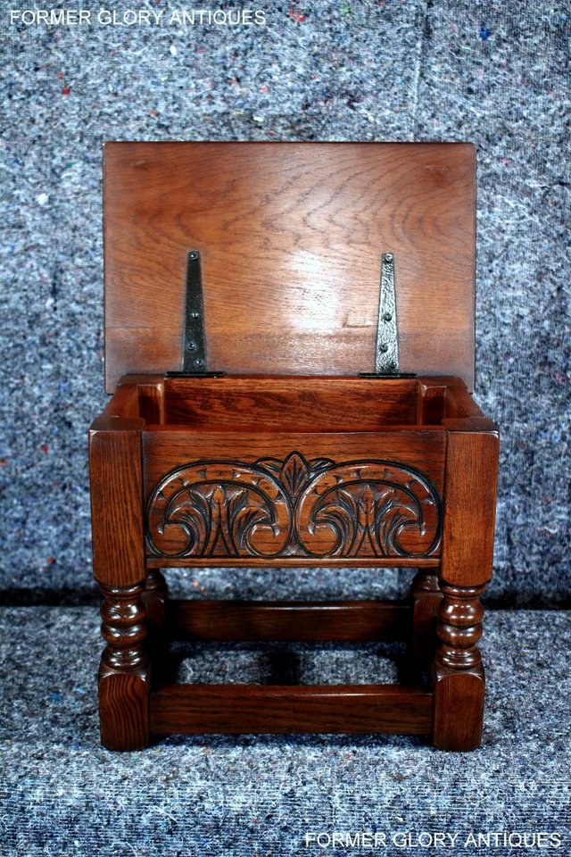 Image 16 of AN OLD CHARM TUDOR BROWN CARVED OAK SLIPPER BOX SEWING CHEST