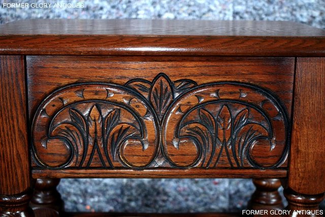 Image 17 of AN OLD CHARM TUDOR BROWN CARVED OAK SLIPPER BOX SEWING CHEST