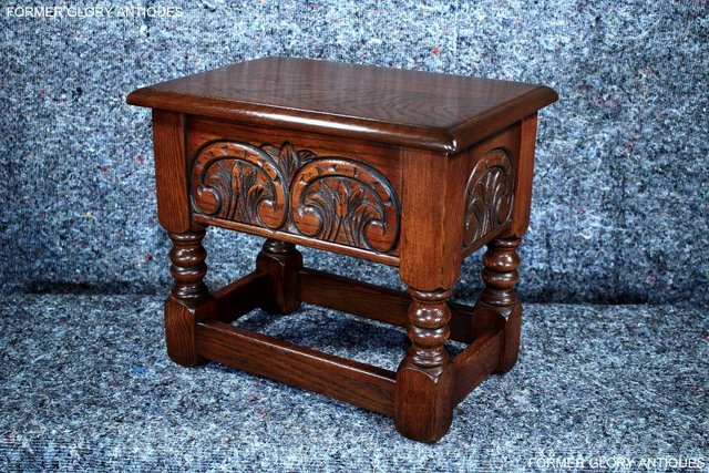 Image 19 of AN OLD CHARM TUDOR BROWN CARVED OAK SLIPPER BOX SEWING CHEST