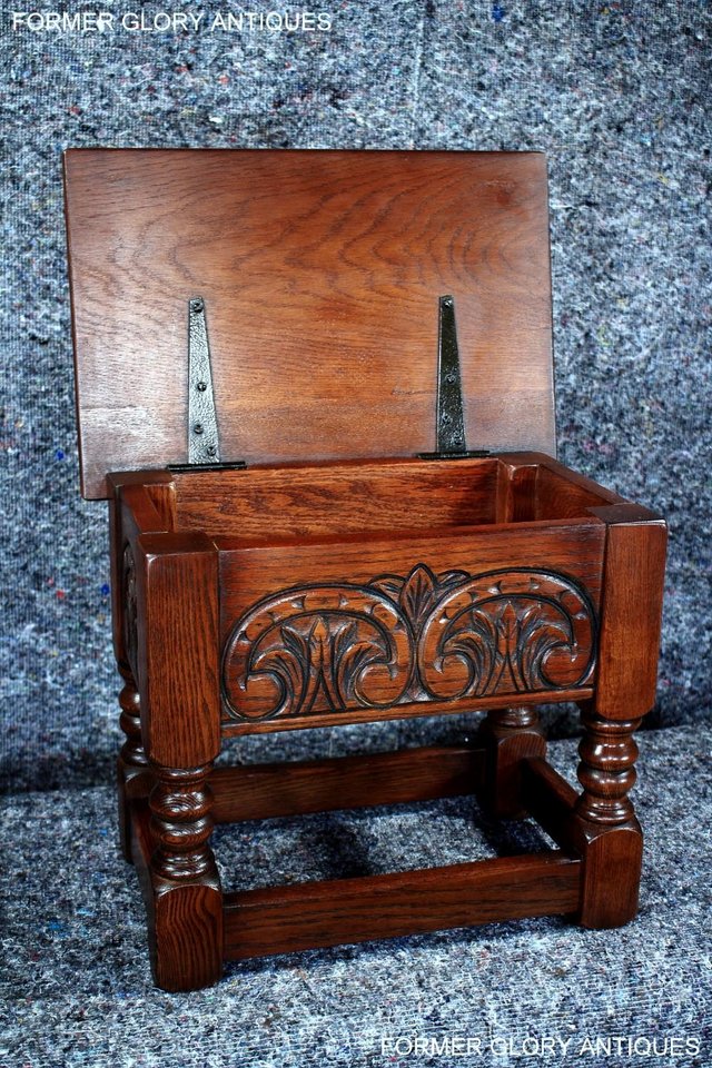 Image 20 of AN OLD CHARM TUDOR BROWN CARVED OAK SLIPPER BOX SEWING CHEST
