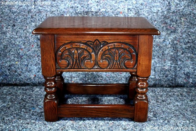 Image 22 of AN OLD CHARM TUDOR BROWN CARVED OAK SLIPPER BOX SEWING CHEST