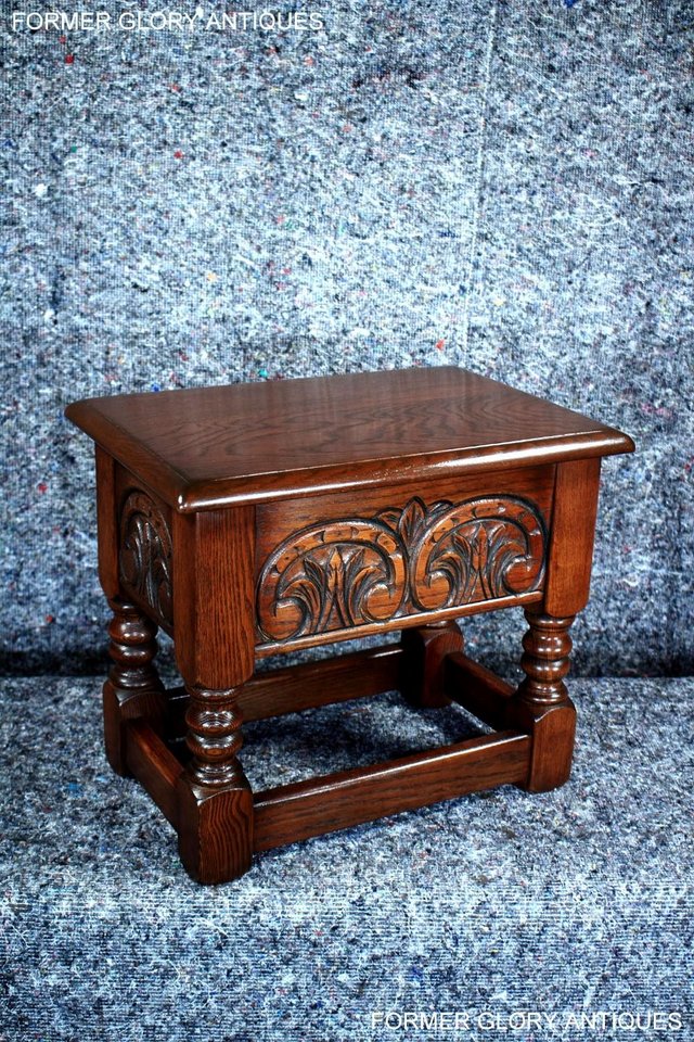 Image 30 of AN OLD CHARM TUDOR BROWN CARVED OAK SLIPPER BOX SEWING CHEST
