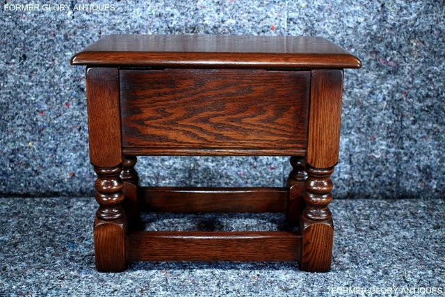 Image 31 of AN OLD CHARM TUDOR BROWN CARVED OAK SLIPPER BOX SEWING CHEST