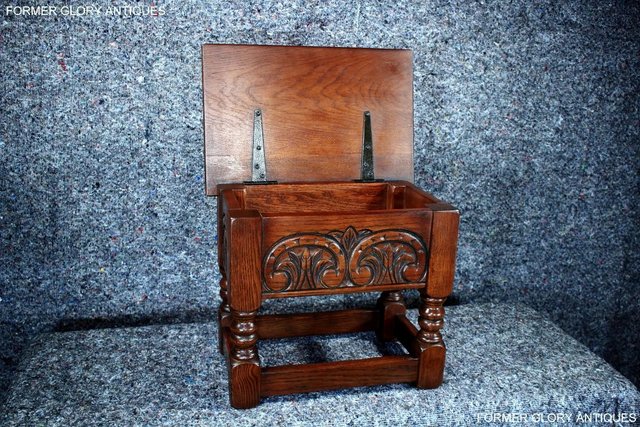 Image 34 of AN OLD CHARM TUDOR BROWN CARVED OAK SLIPPER BOX SEWING CHEST