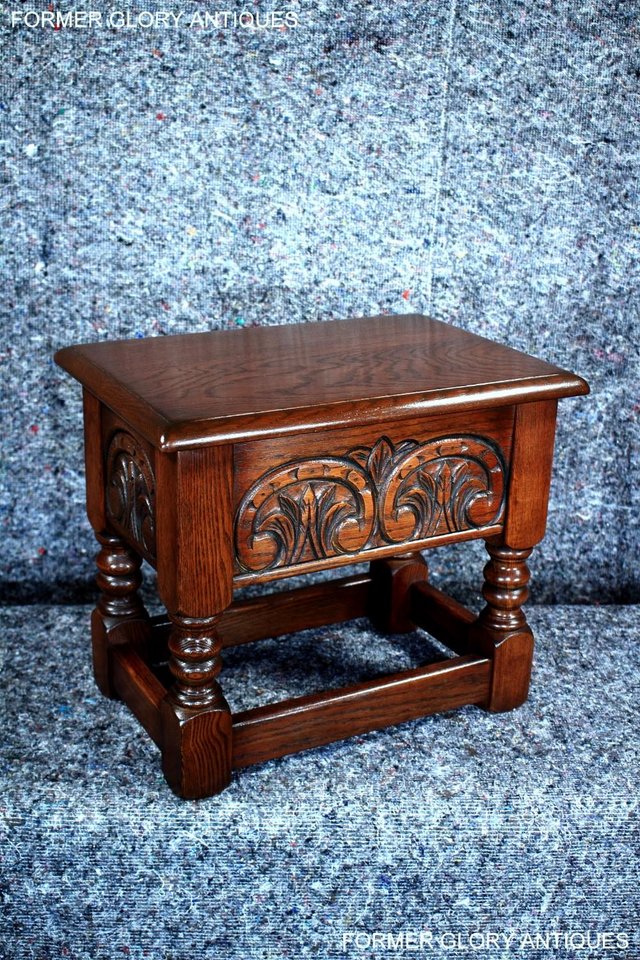 Image 36 of AN OLD CHARM TUDOR BROWN CARVED OAK SLIPPER BOX SEWING CHEST