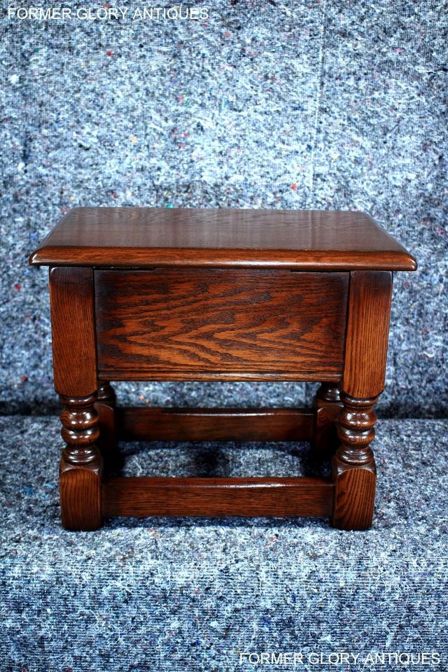 Image 37 of AN OLD CHARM TUDOR BROWN CARVED OAK SLIPPER BOX SEWING CHEST