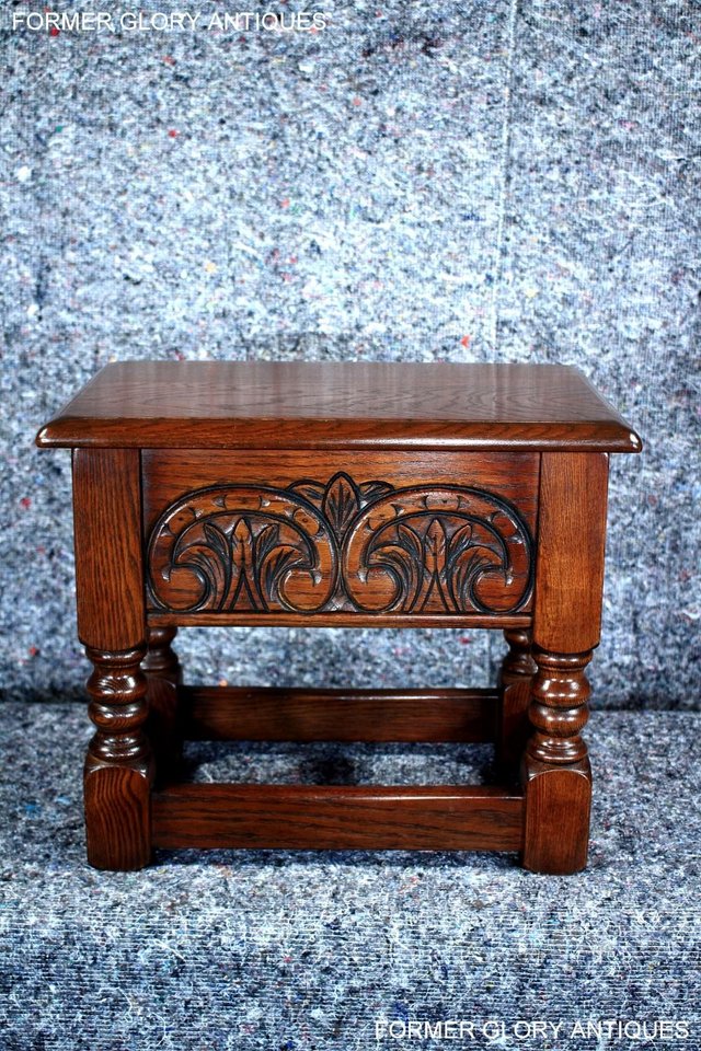 Image 39 of AN OLD CHARM TUDOR BROWN CARVED OAK SLIPPER BOX SEWING CHEST