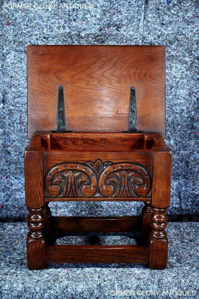Image 45 of AN OLD CHARM TUDOR BROWN CARVED OAK SLIPPER BOX SEWING CHEST