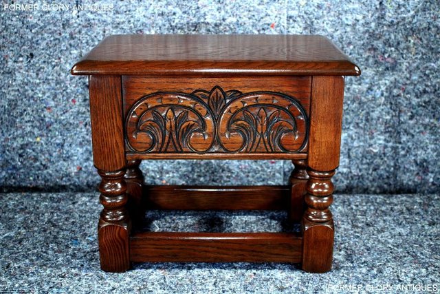 Image 58 of AN OLD CHARM TUDOR BROWN CARVED OAK SLIPPER BOX SEWING CHEST