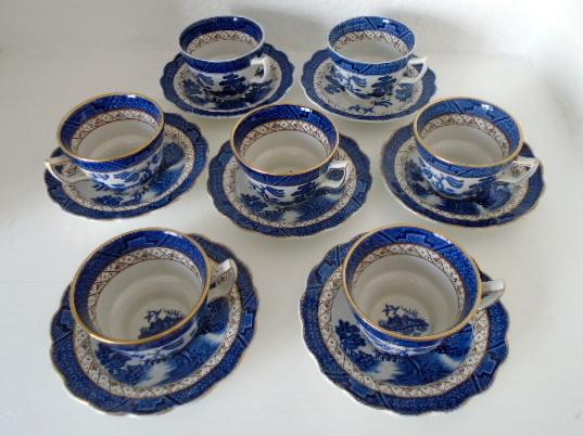 Preview of the first image of Real Old Willow seven tea cups and saucers (A8025).