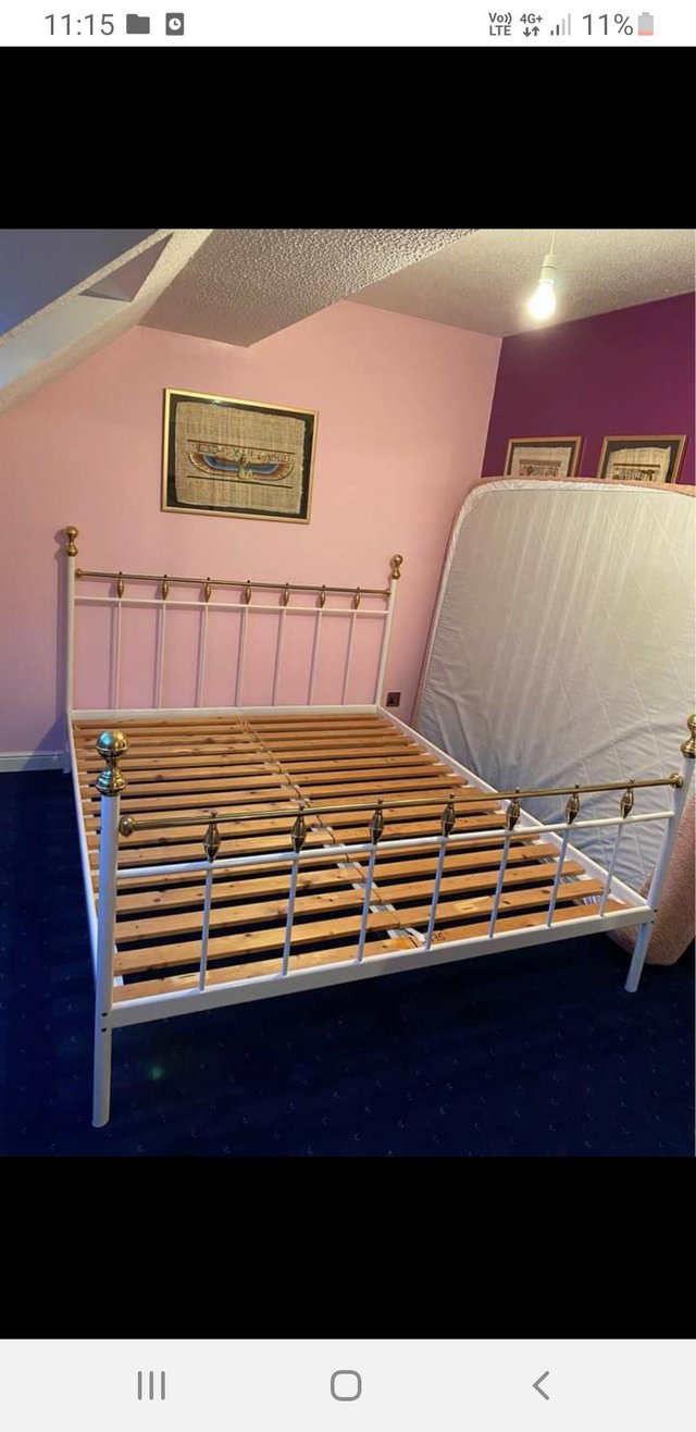Preview of the first image of Queen size metal bed frame white/ gold colour.