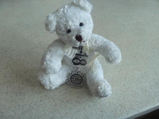 Preview of the first image of Small white teddy bear with 18th Birthday key - new.