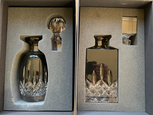Preview of the first image of 2 x Waterford Lismore Black Crystal Decanters, 4 glasses.