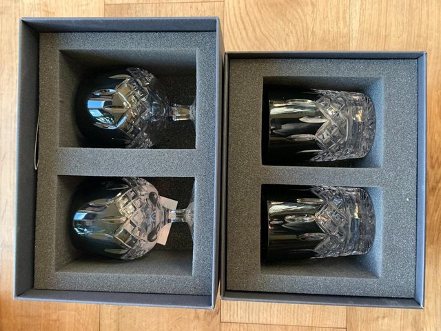 Image 2 of 2 x Waterford Lismore Black Crystal Decanters, 4 glasses