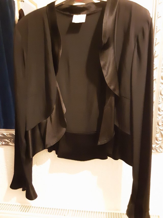 Preview of the first image of David Emanuel black satin bolero jacket 14.