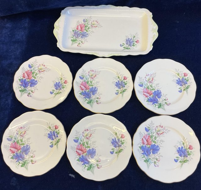 Preview of the first image of Royal Albert Sweet Pea 7 Piece Cake Set, Friendship Pattern.