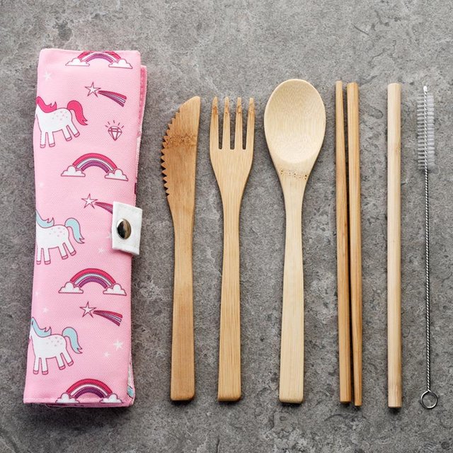 Preview of the first image of 100% Natural Bamboo Cutlery 6 Piece Set - Enchanted Rainbow.
