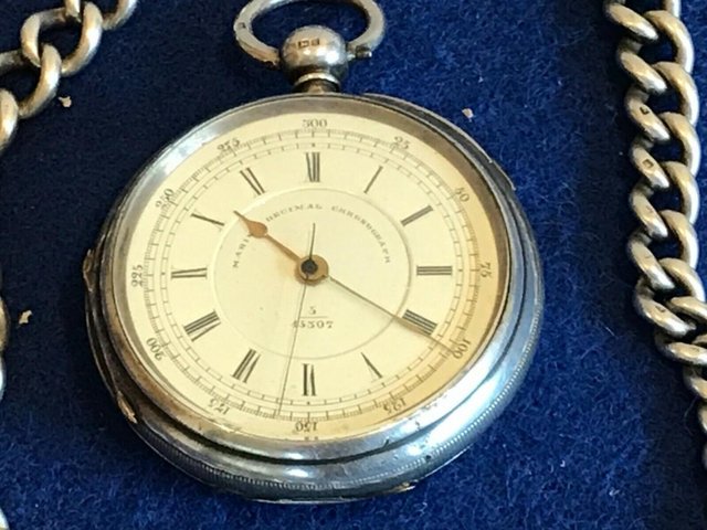 Image 2 of Silver cased chronograph key wind pocket watch + chain