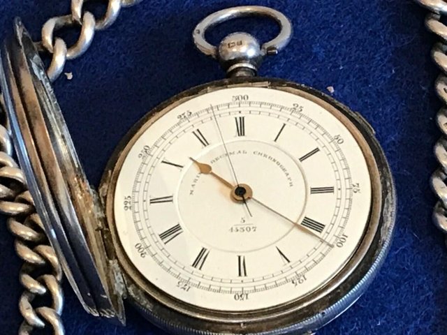 Image 3 of Silver cased chronograph key wind pocket watch + chain