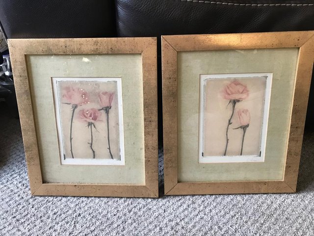 Preview of the first image of Pair of rose pictures in metal effect frames.