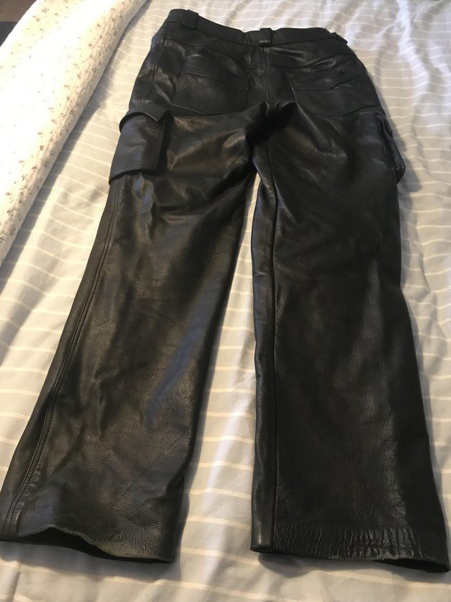 Preview of the first image of Ladies leather protective trousers. Size 14. Leg length 34”.