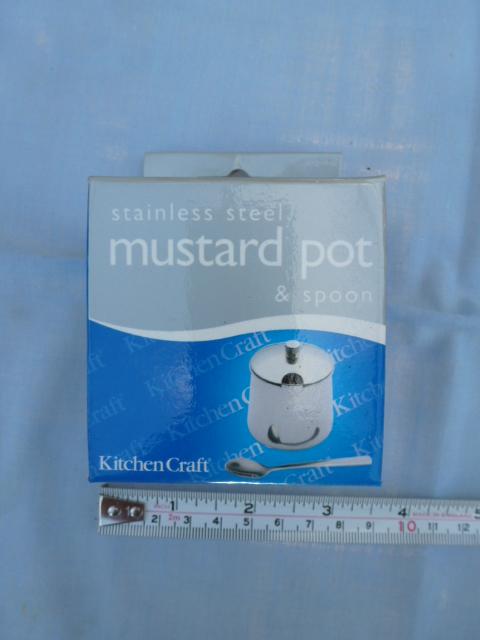 Preview of the first image of Stainless steel mustard pot in original packaging.