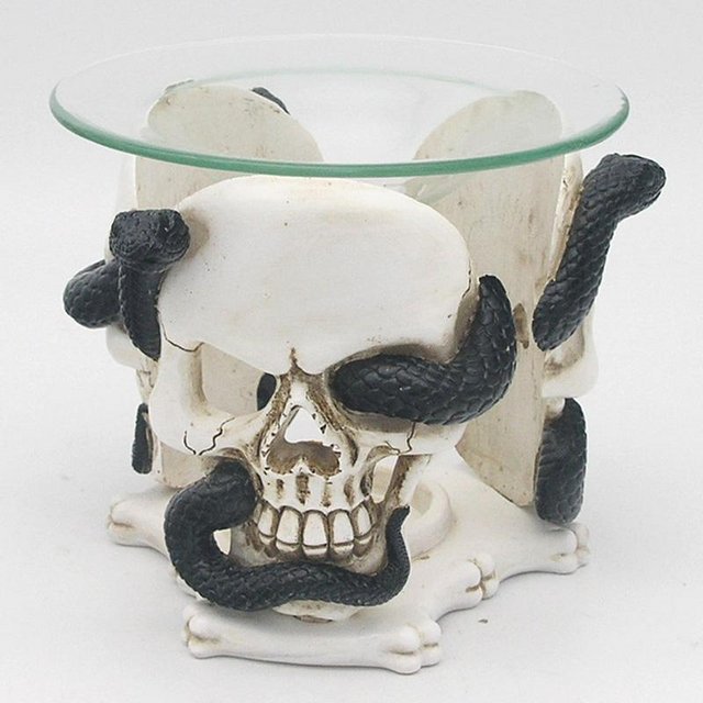 Image 2 of Skull and Serpent Resin Oil & Wax Burner with Glass Dish.