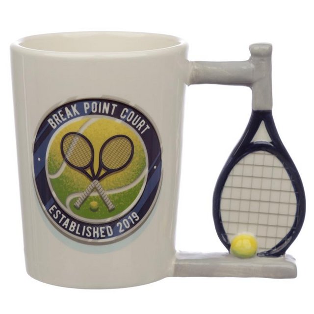 Preview of the first image of Fun Tennis Racket Shaped Handle Ceramic Mug.  Free Postage.